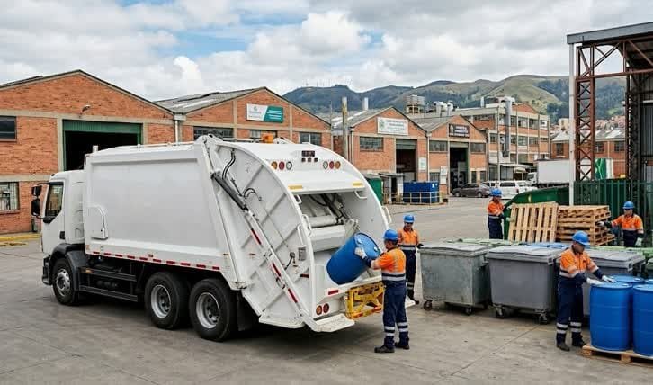 Vehículo de recolección de residuos industriales en Usaquén transportando bidones químicos sellados.
