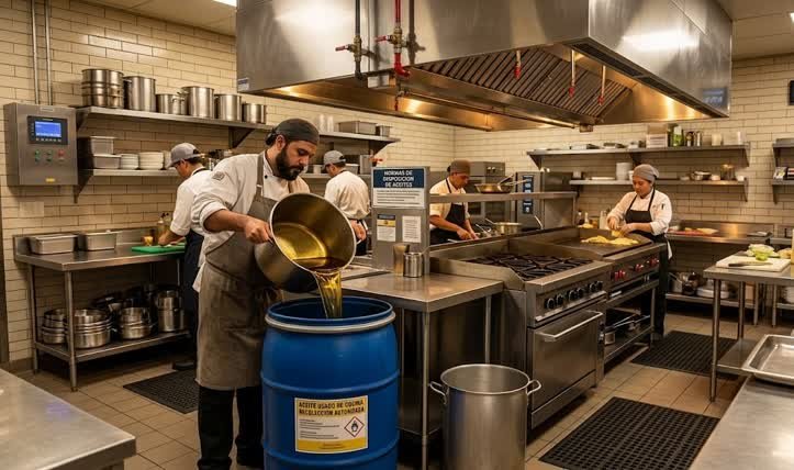 Cocinero realizando la disposición de aceite vegetal usado para la gestión de residuos industriales en Tunjuelito en un contenedor azul de recolección autorizada dentro de una cocina comercial.