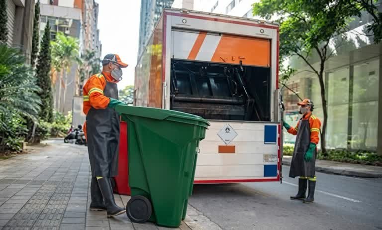 Dos trabajadores con uniformes de alta visibilidad cargando un contenedor de basura verde en un camión recolector especializado para la gestión de residuos industriales en Santa Fe.
