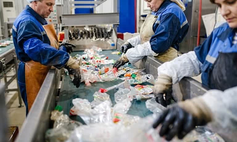 Vista detallada de una cinta transportadora en una planta de tratamiento para la gestión de residuos industriales en Santa Fe, donde se separan manualmente envases y materiales plásticos.