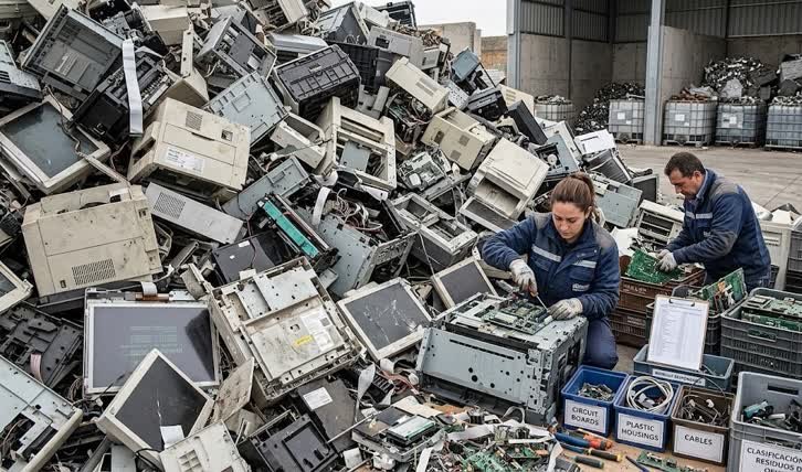 Dos operarios clasificando componentes electrónicos en una planta de gestión de residuos industriales en Bosa.
