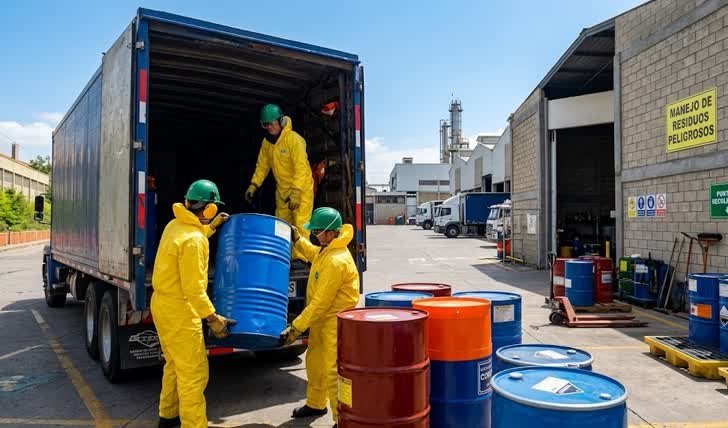 Un equipo de tres trabajadores con trajes de seguridad amarillos gestionando residuos industriales en Tunjuelito, cargando un barril azul en un camión de transporte en un patio industrial.