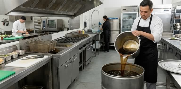 Gestión de residuos industriales en San Cristóbal enfocada en el reciclaje de aceites vegetales usados vertidos en contenedores especiales de cocina.
