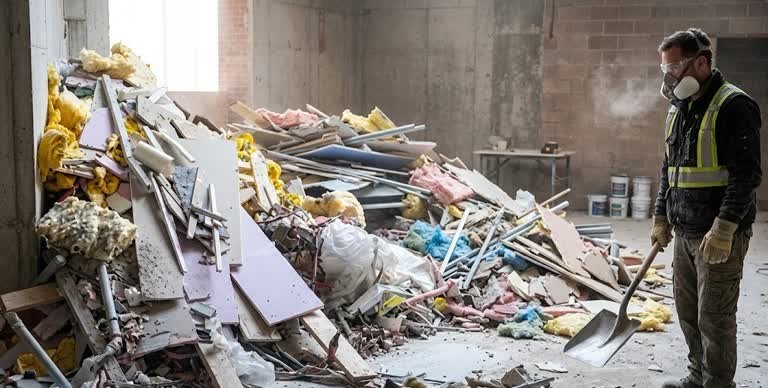 Un trabajador de la construcción con equipo de protección personal paleando escombros en un sitio interior, como parte de la gestión de residuos industriales en Bosa.