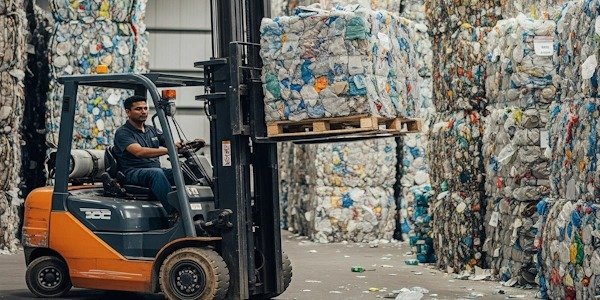 Un montacargas naranja moviendo pacas compactadas de botellas de plástico, crucial para el transporte de residuos industriales en Bosa.